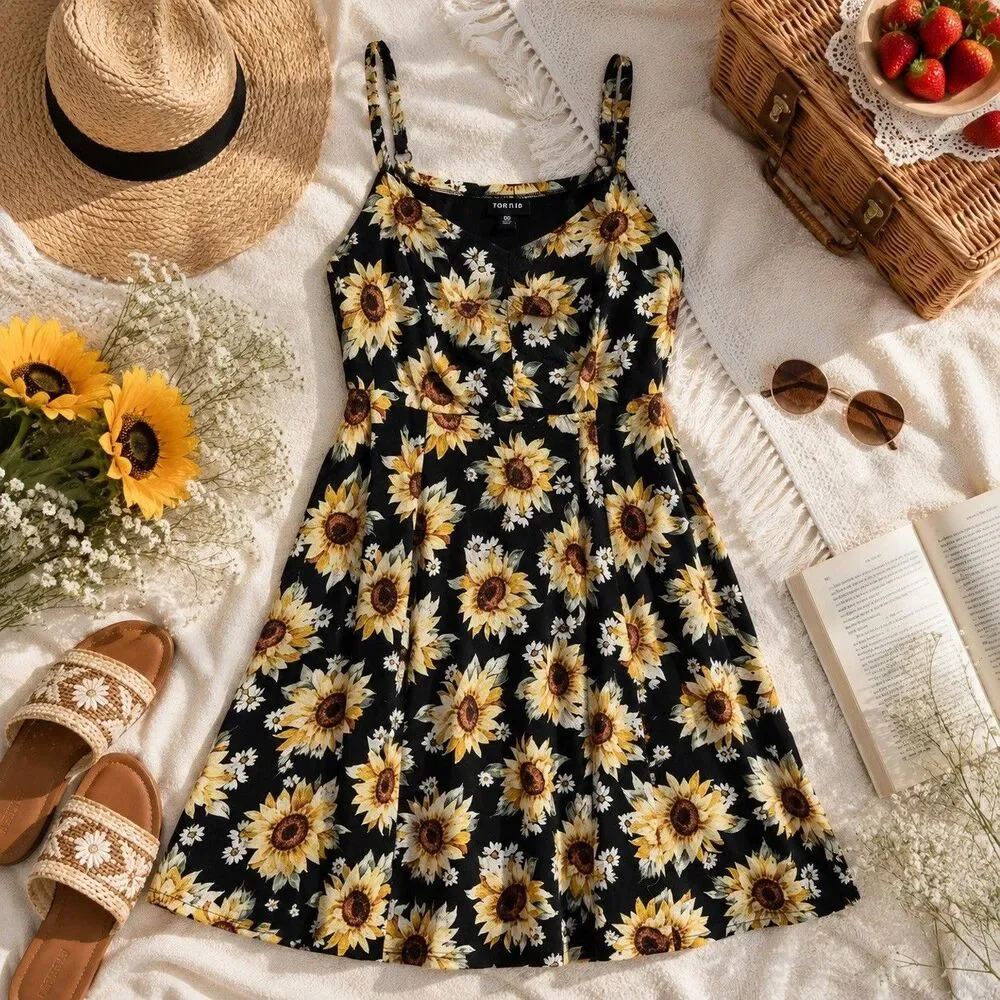 Torrid Sunflower Babydoll Dress 00 Pockets Sleeveless Summer Sundress Boho - Picture 1 of 8